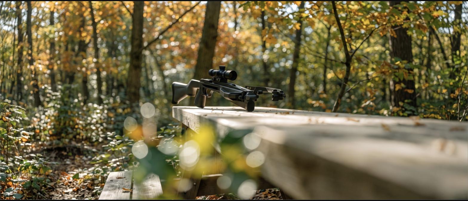 Compact crossbow resting on a wooden shooting bench in autumn woods