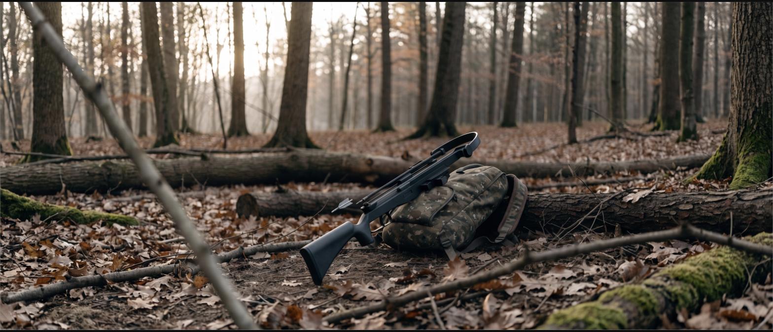 Compact crossbow resting on a pack among fallen leaves in bare autumn timber